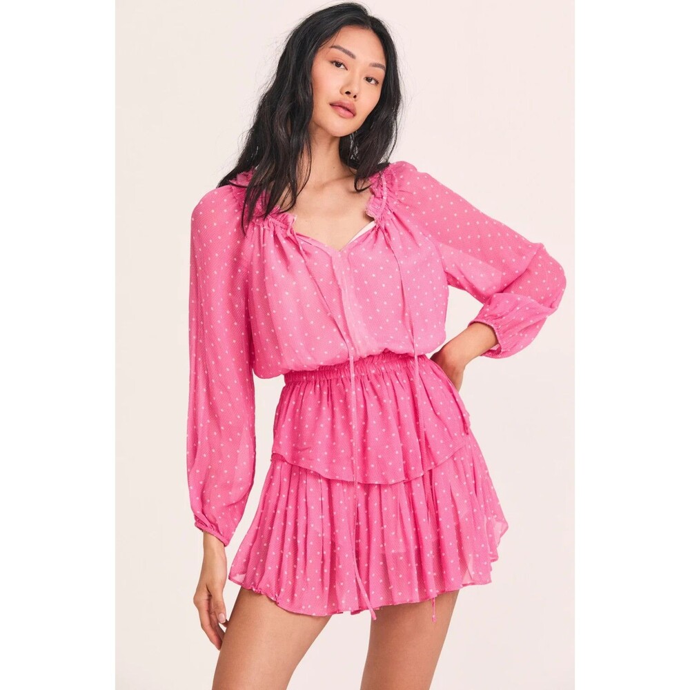 LoveShackFancy Popover Dress Hot Pink Cherry Size L Tiered Ruffle Mini Size L
